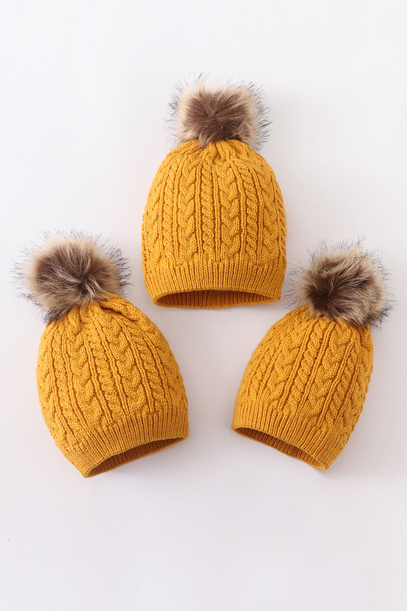 Cozy Mustard Cable Knit Pom-Pom Beanie Hats for Baby, Toddlers and Adults by Abby & Evie