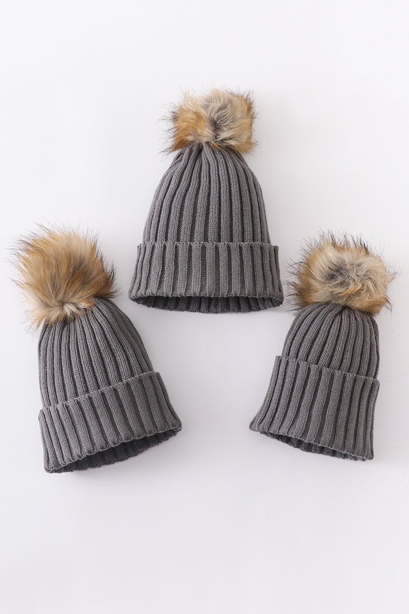 Grey Rib Knit Pom Beanie Hats for Baby, Toddlers and Adults by Honey Bean
