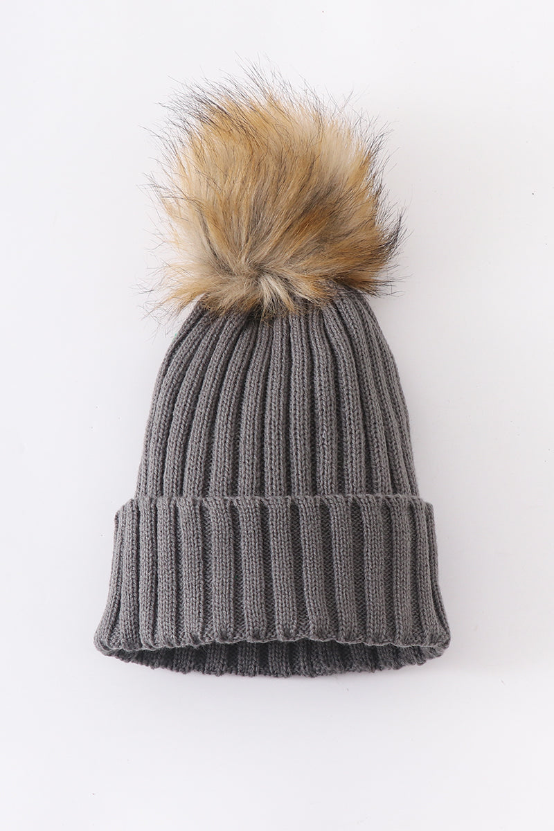 Grey Rib Knit Pom Beanie Hats for Baby, Toddlers and Adults by Honey Bean