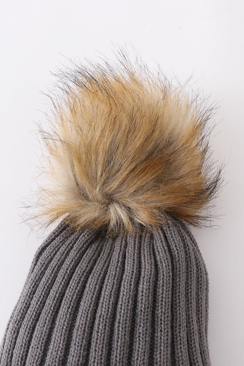 Grey Rib Knit Pom Beanie Hats for Baby, Toddlers and Adults by Honey Bean