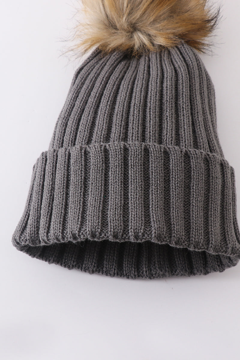 Grey Rib Knit Pom Beanie Hats for Baby, Toddlers and Adults by Honey Bean