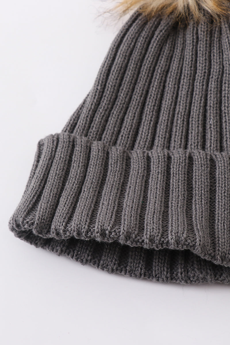 Grey Rib Knit Pom Beanie Hats for Baby, Toddlers and Adults by Honey Bean