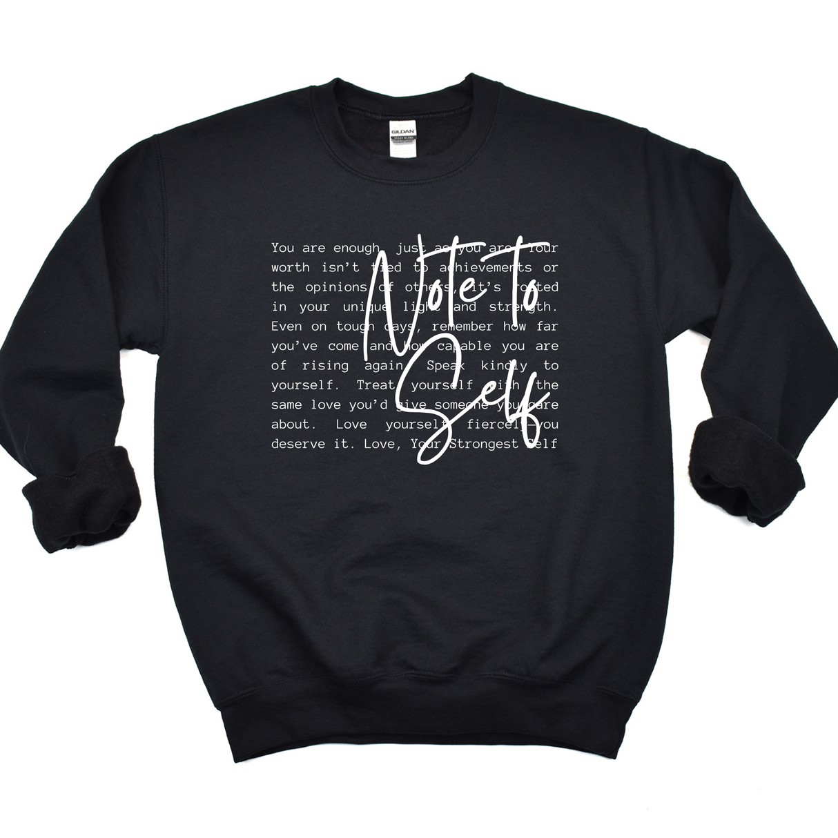 Black sweatshirt with white text on a white background
