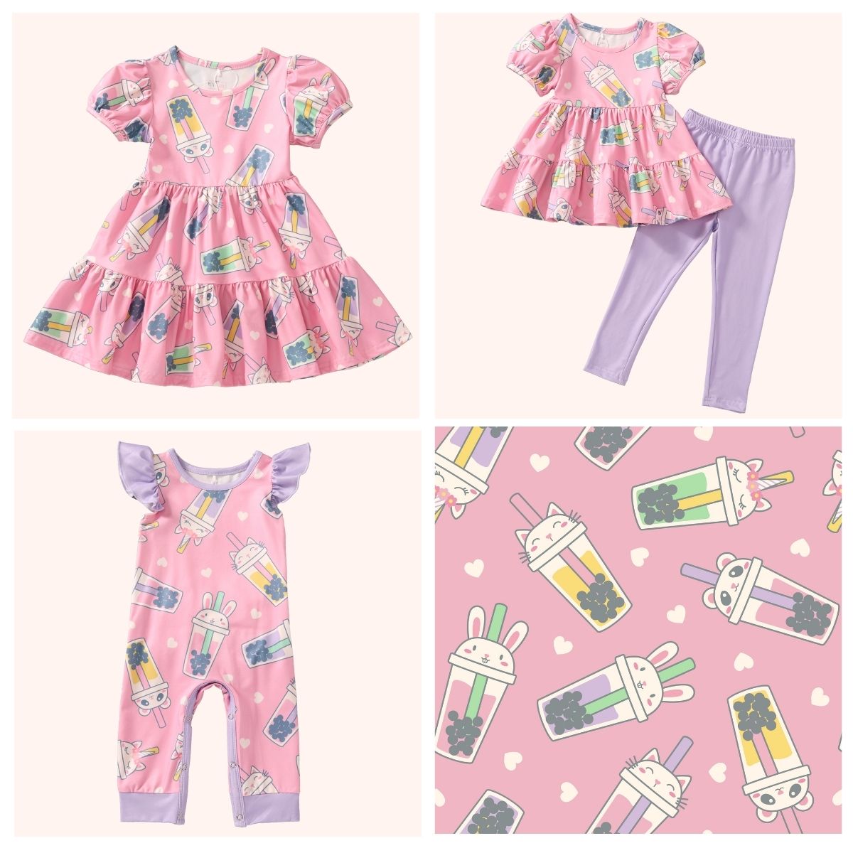 A collage of Pete + Lucy's Bubble Tea collection, including a short-sleeve tiered dress, a lavender leggings set with a matching bubble tea top, and a ruffle-sleeve romper. All pieces showcase a pink background with playful boba tea cups featuring animal faces.
