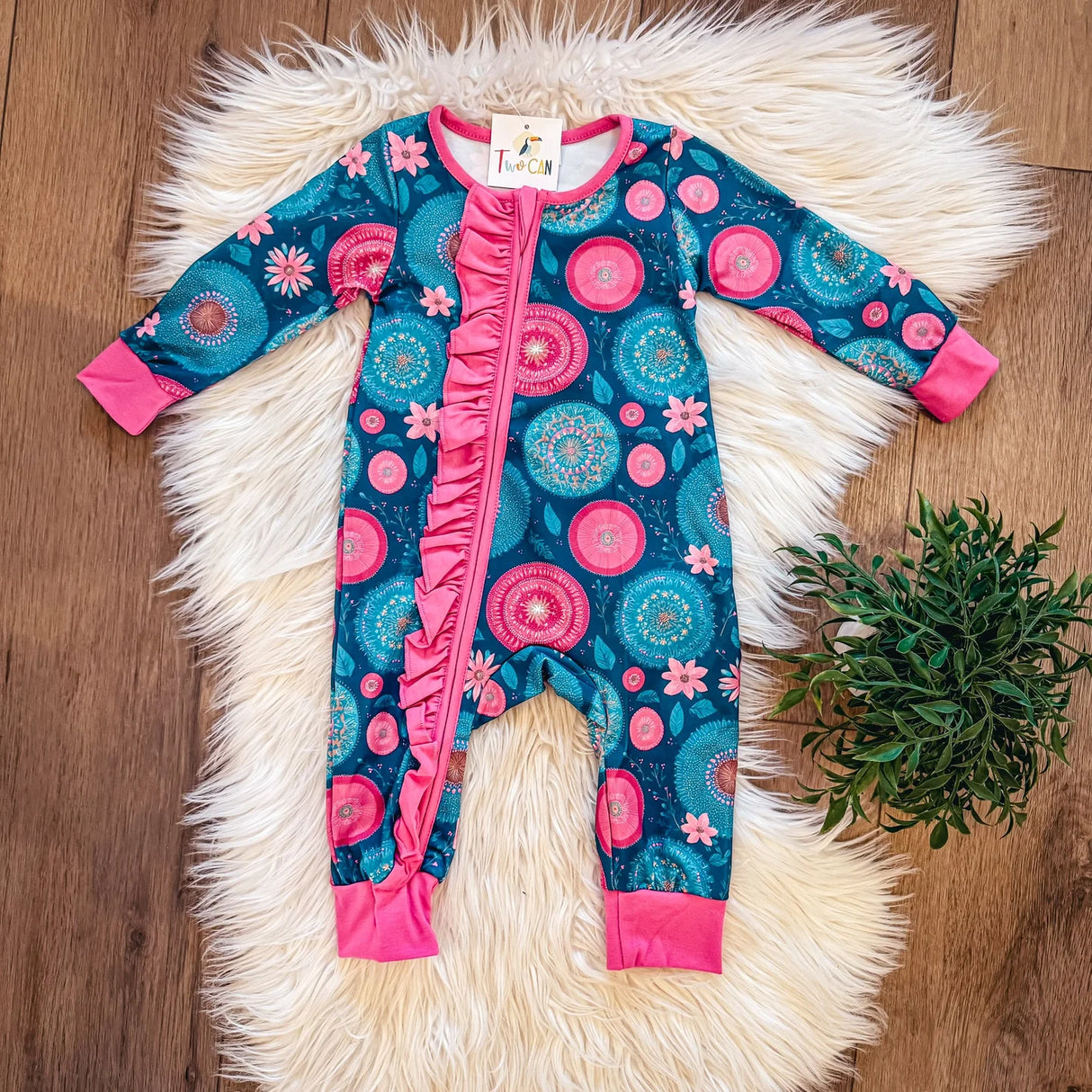 Pink & Teal Boho Zippie Romper | TwoCan