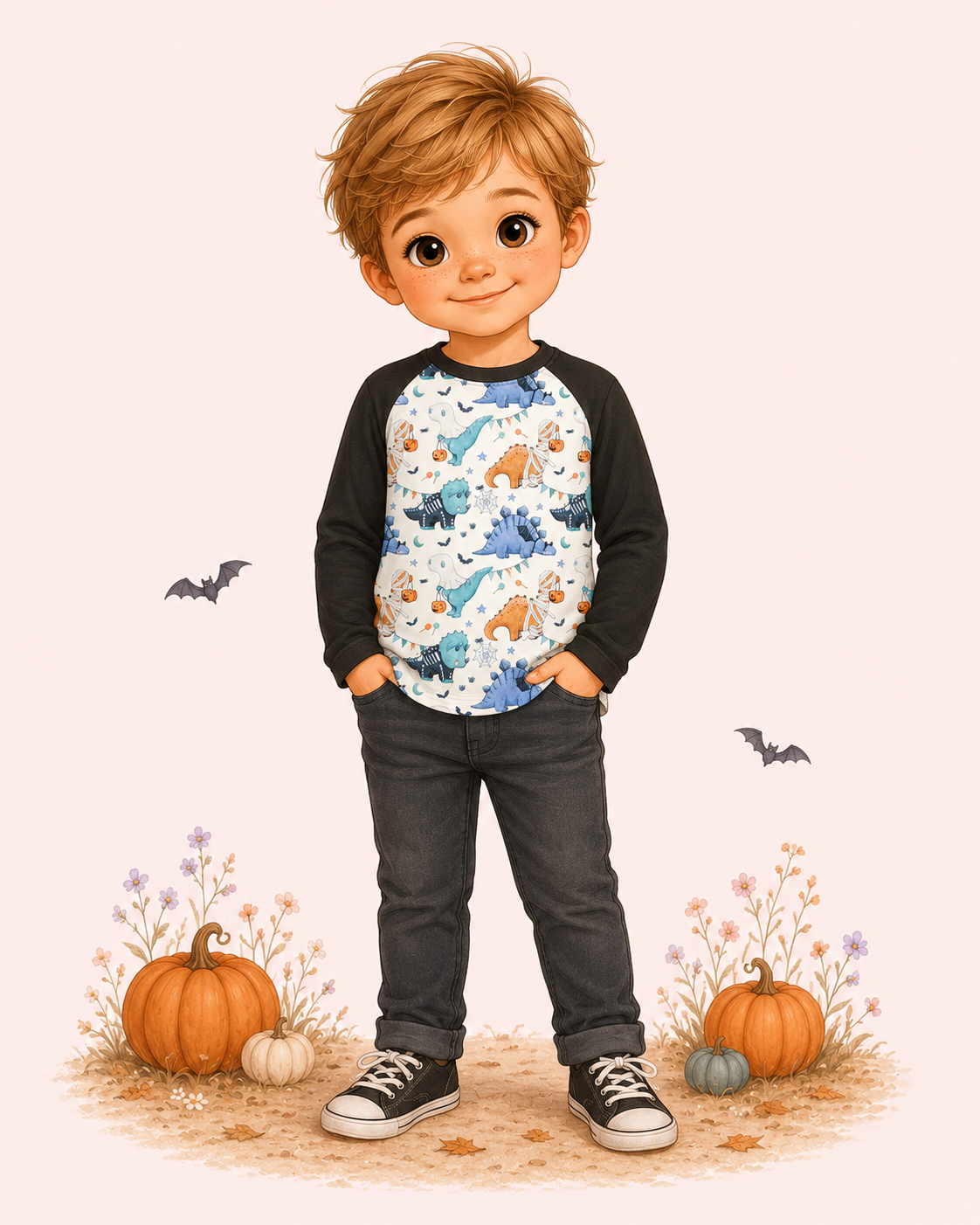 Illustrated boy wearing a cream Halloween dinosaur raglan shirt with black sleeves, pumpkins and bats in a fall scene.