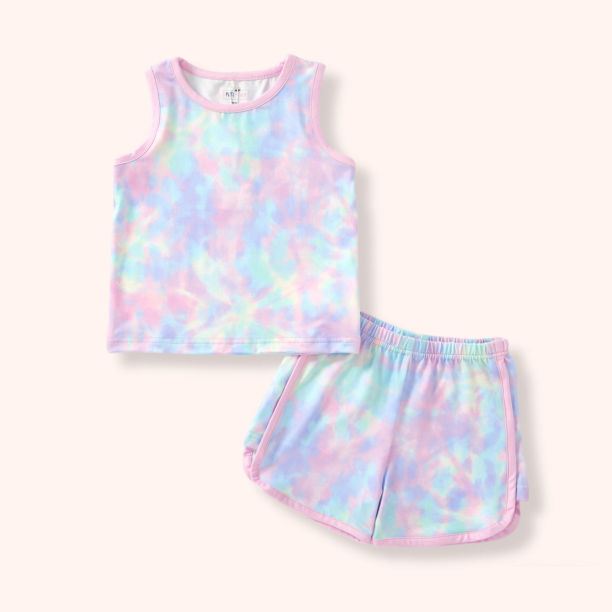 Pastel pink, lavender, aqua and mint sleeveless loungewear set with a tank top, matching shorts and pink trim.