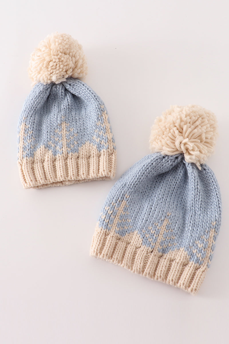Snowy Blue Tree Cable Knit Pom Beanie Hat