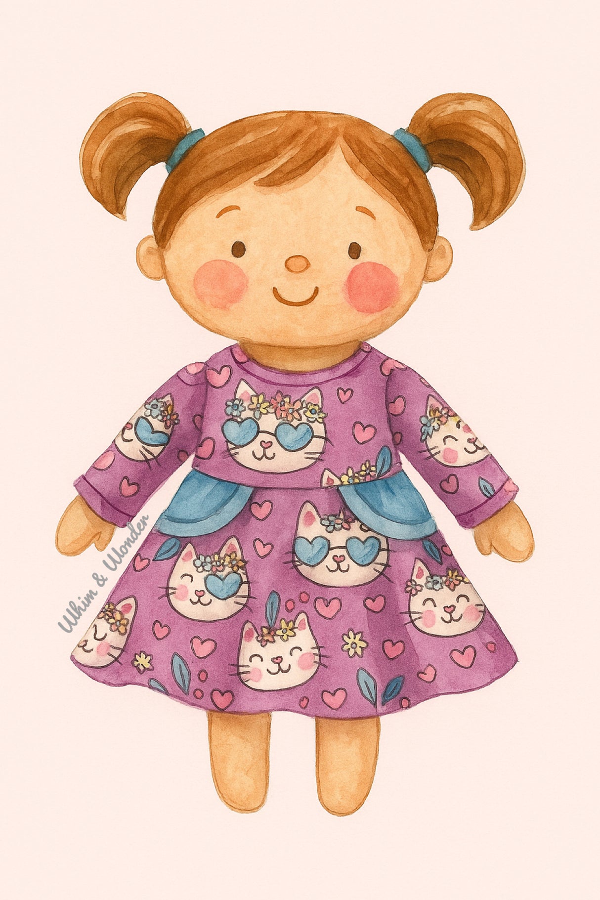A storybook-style illustration of a smiling doll with pigtails wearing Pete + Lucy’s Purrfectly Cute Doll Dress. The long-sleeve dress features a dusty mauve background with playful kitten faces wearing blue heart-shaped sunglasses and floral crowns, scattered among pink hearts and blossoms. Light blue side pockets add a sweet accent to the twirly skirt.