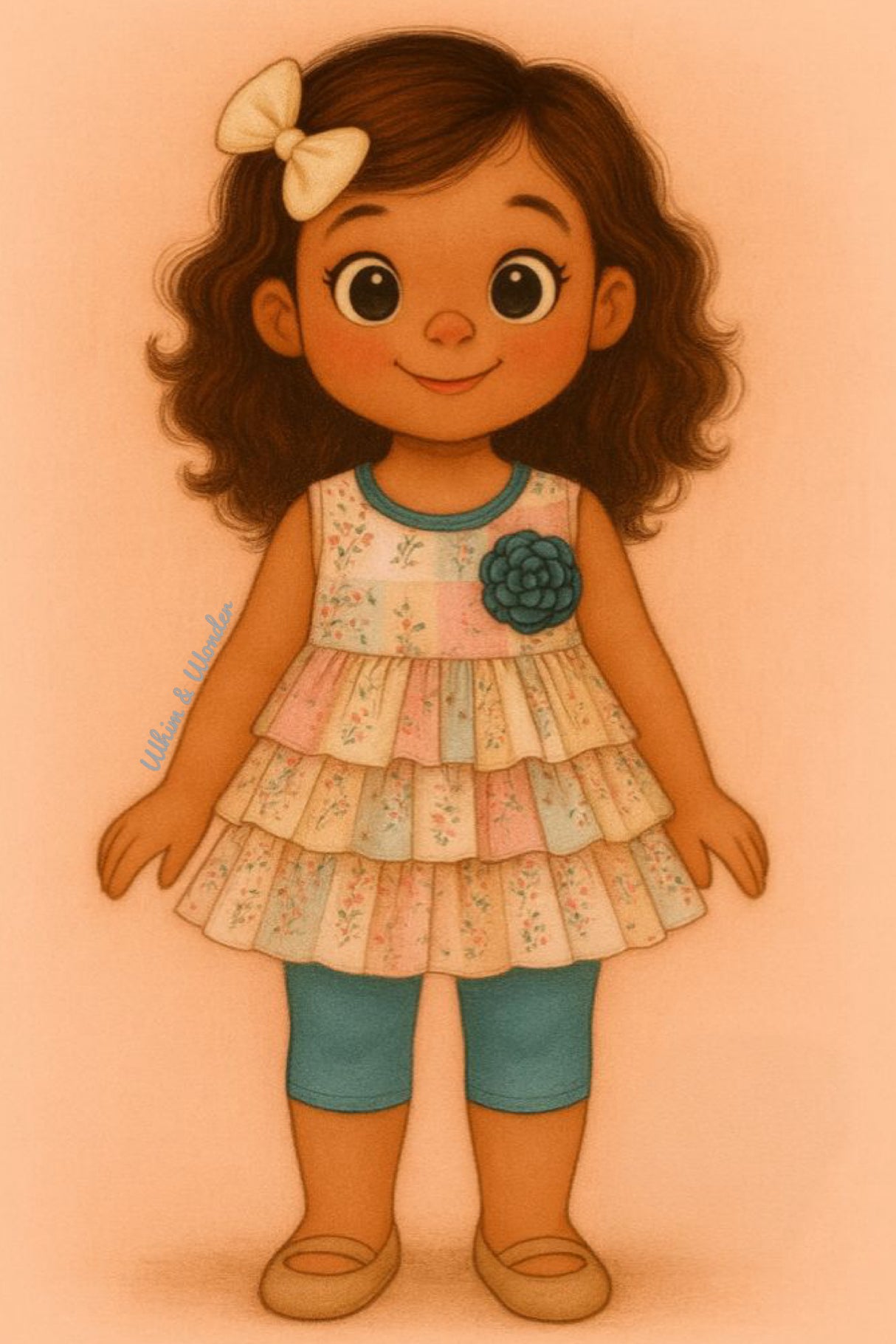 Young girl in a pastel patchwork peplum top and teal shorts with a matching flower, smiling with wavy hair and cream bow.
