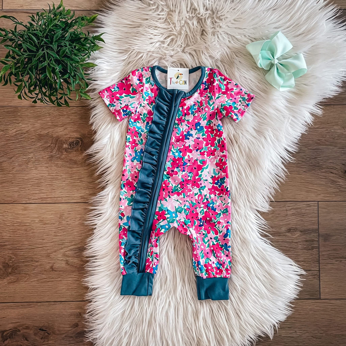 Hot Pink Floral Zip Up Baby Romper | Twocan