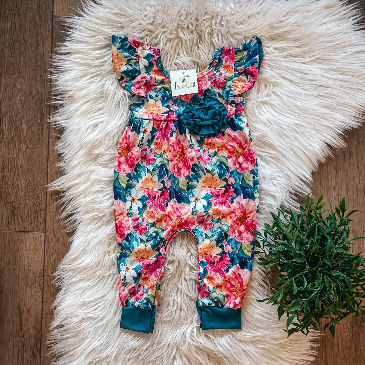 Teal Autumn Blooms Baby Romper | Twocan
