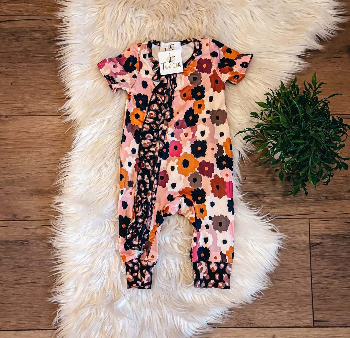 Leopard Floral Zip Up Baby Romper | Twocan