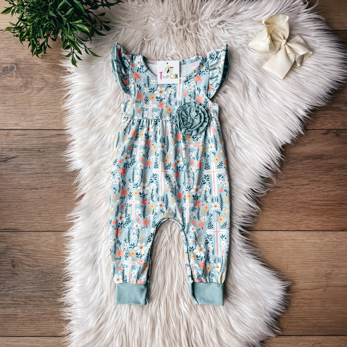 Teal Easter Crosses Baby Romper by Twocan