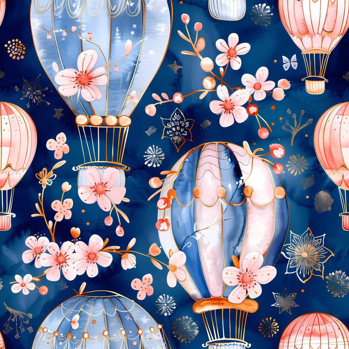 Close-up of navy fabric featuring pastel hot air balloons with floral accents and soft decorative details.