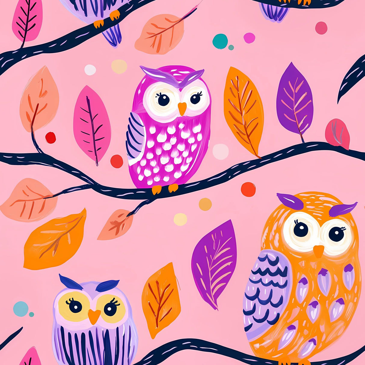 Close-up of Hoot Hooray print with pink, orange and lavender owls, colorful leaves and navy branches on pink.
