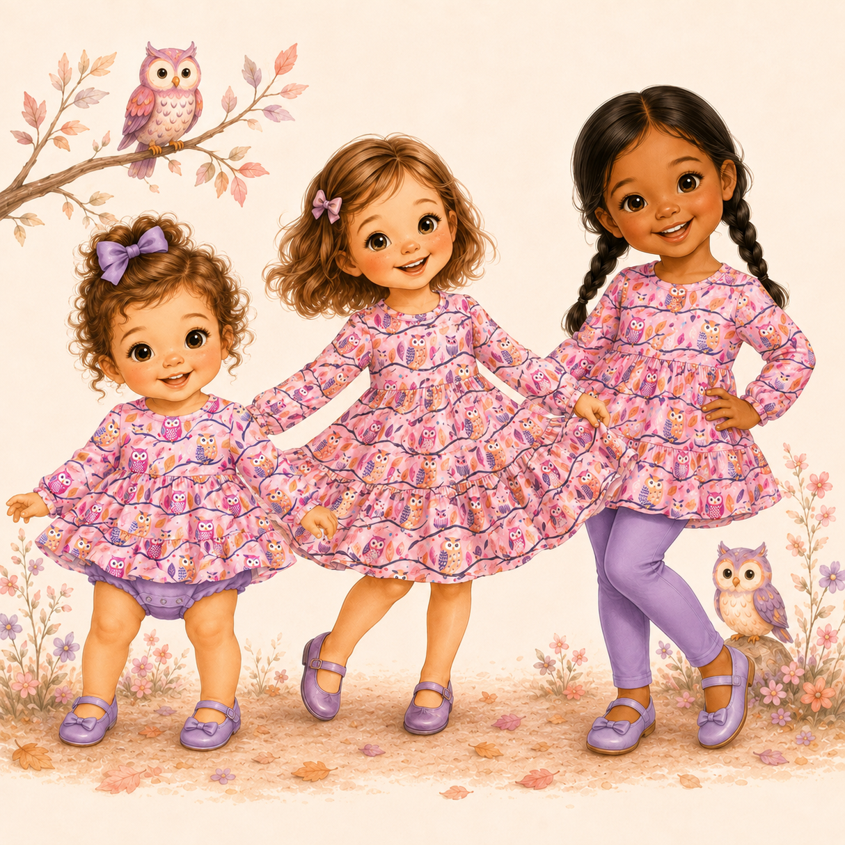 Three storybook girls modeling the Hoot Hooray owl collection in pink, purple and autumn tones.