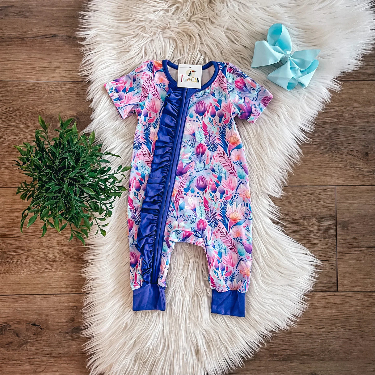 Purple Passion Flower Zip Up Baby Romper | Twocan