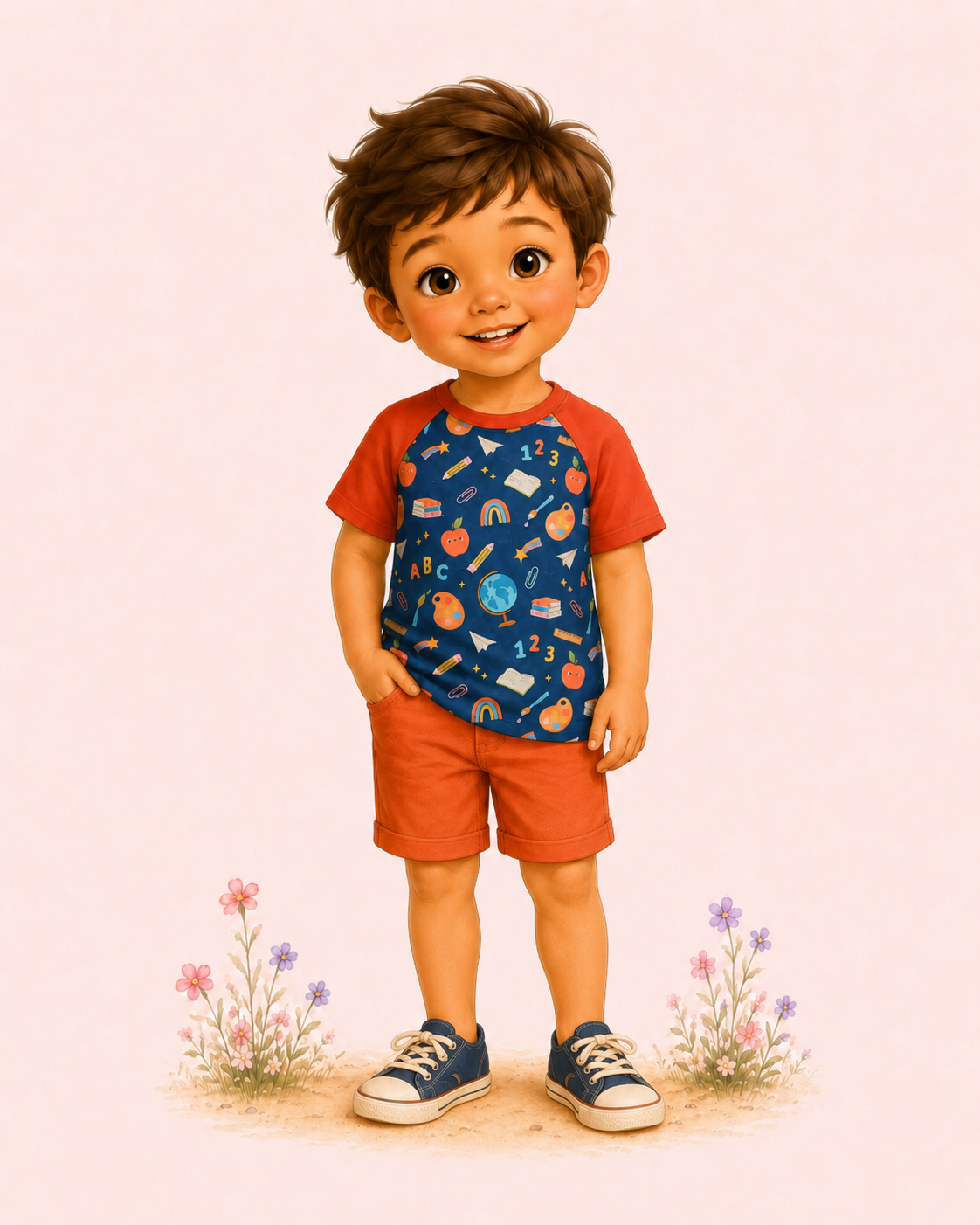 Illustrated boy wearing a navy and rust raglan shirt with apples, books, pencils, paint palettes, numbers, letters and rainbows.