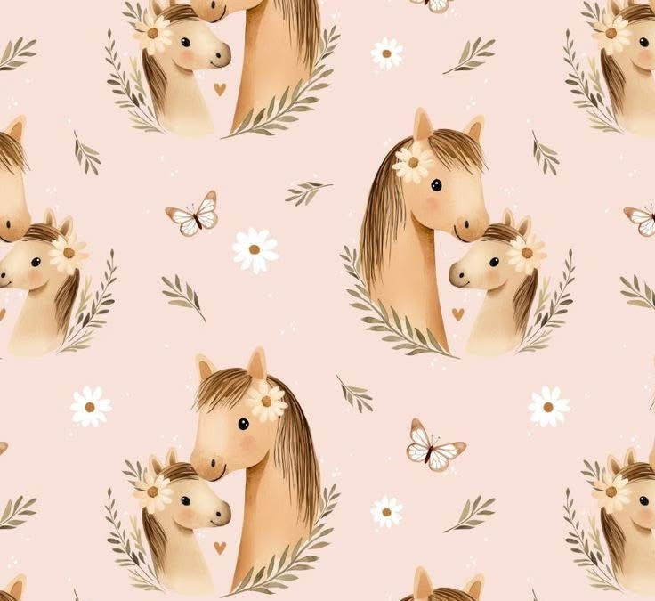 Blush pink print with tan mare-and-foal ponies, white daisies, butterflies and sage leafy sprigs.