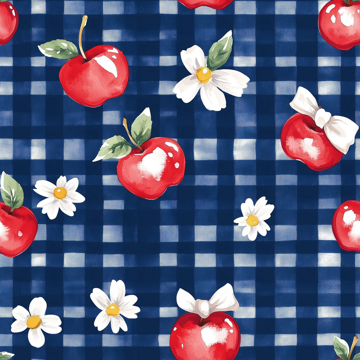 A repeating watercolor pattern featuring red apples with green leaves, white daisies with yellow centers, and a dark blue gingham background.