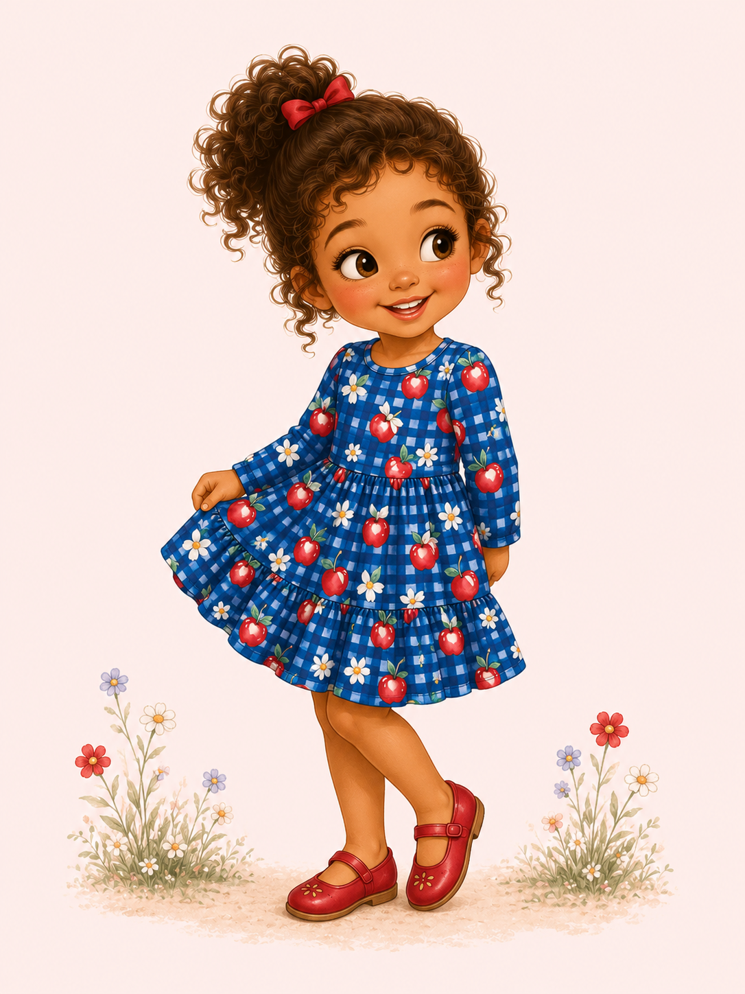 An illustration of a young girl with curly brown hair wearing a blue gingham dress with red apples and white flowers, standing in a field of small wildflowers.