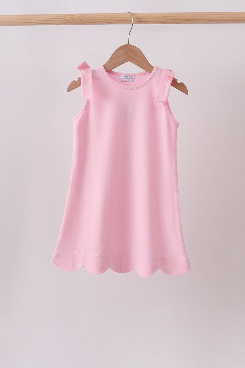 Blush Pink Scalloped Dress for girls with shoulder bows and soft cotton fabric
