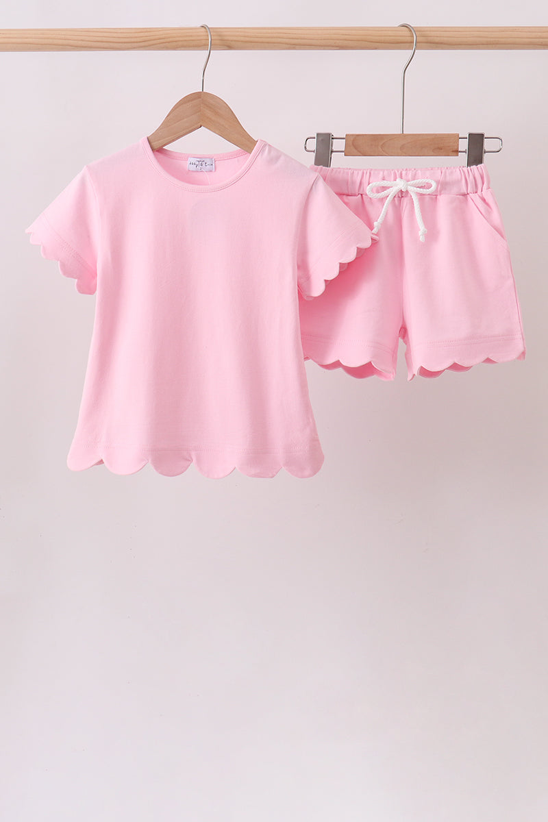 Blush Pink Scalloped Shorts Set for girls with short sleeve top and matching drawstring shorts