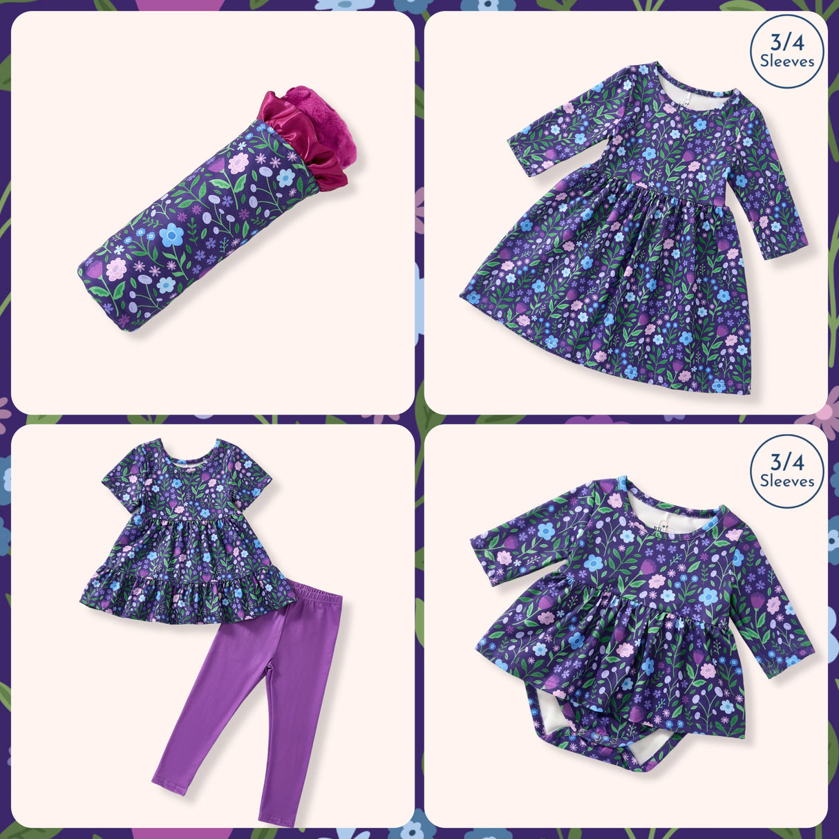 Collage of the Breezy Blossoms collection, including a headband, dress, tunic and leggings set, long-sleeve dress, and baby romper.