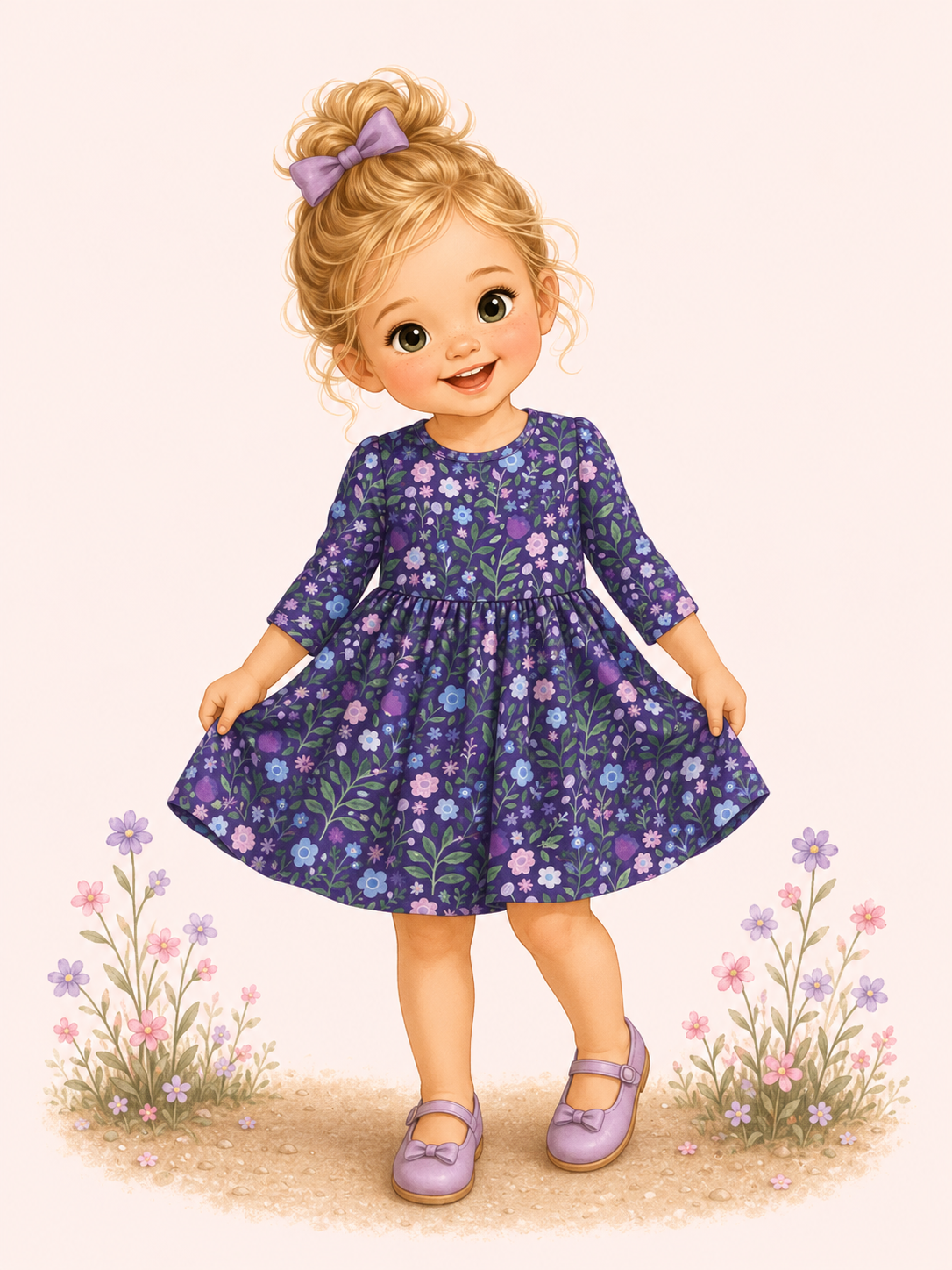 Storybook illustration of a smiling young girl wearing the purple Breezy Blossoms floral dress with three-quarter sleeves and lavender shoes.