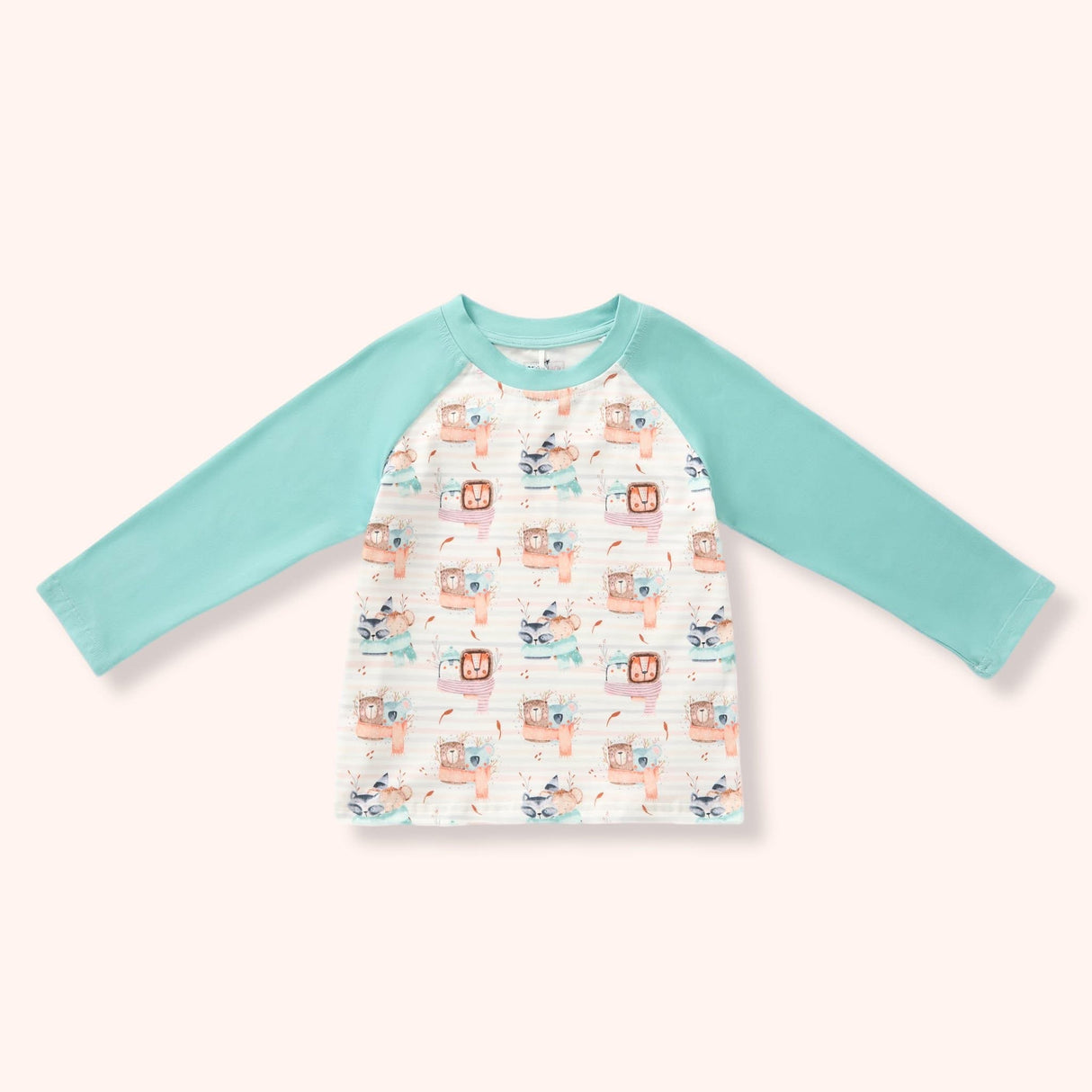 Boys mint raglan long-sleeve shirt with a whimsical woodland critters print on a soft striped cream background.