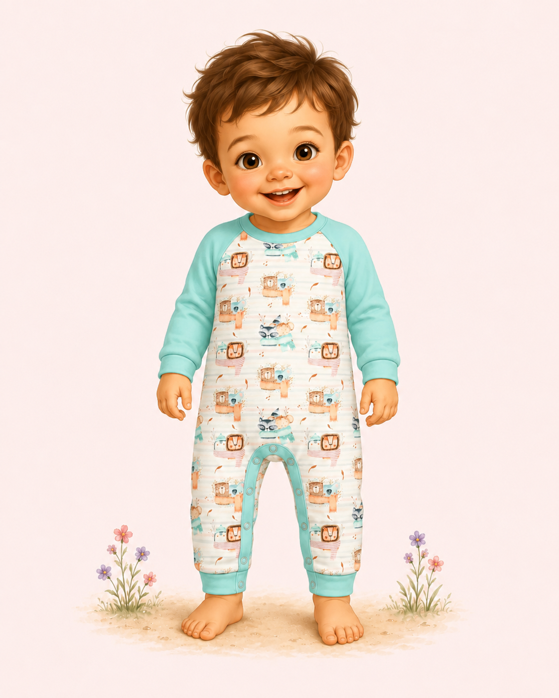 Illustrated toddler wearing a white romper with mint raglan sleeves and cuffs, soft woodland print, and barefoot storybook charm.