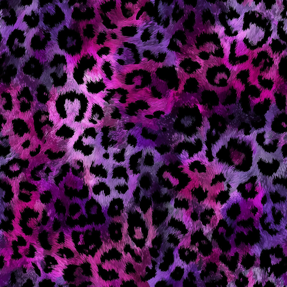 A close-up of a faux fur fabric with a vibrant purple and pink leopard print pattern, featuring black spots over a textured, shimmery background.