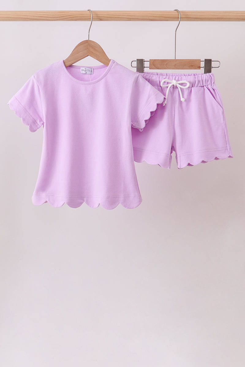 Lavender Scalloped Shorts Set for girls with short sleeve top and matching drawstring shorts