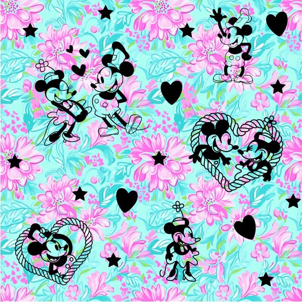 Aqua and pink floral print with black hearts, stars, and playful black-and-white mouse characters throughout.