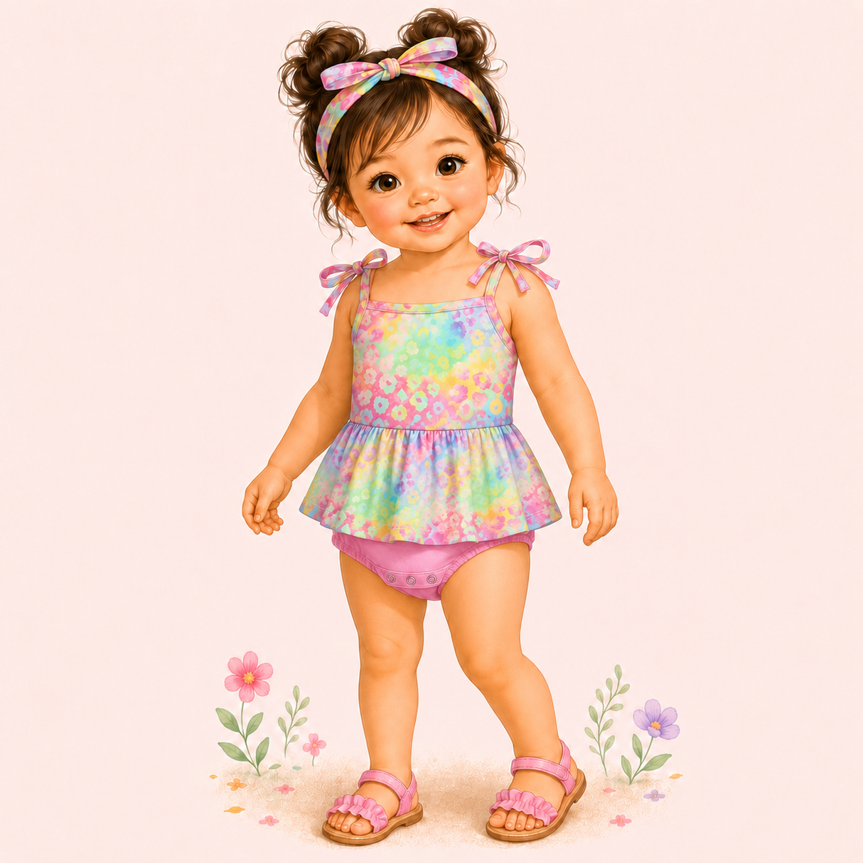 Illustrated toddler modeling a pastel floral baby bubble with tie shoulders, short skirted overlay, pink snap bottom and sandals.