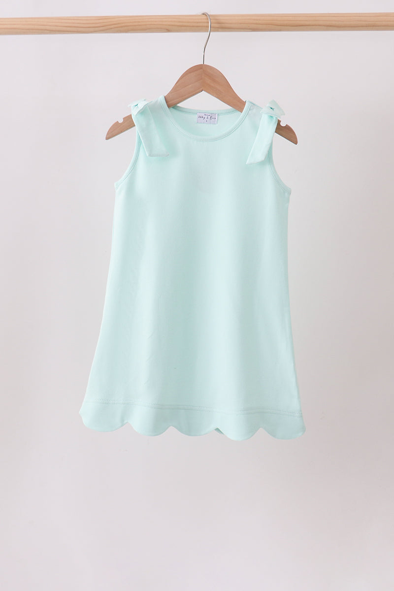Pastel Mint Scalloped Dress for girls with shoulder bows and soft cotton fabric