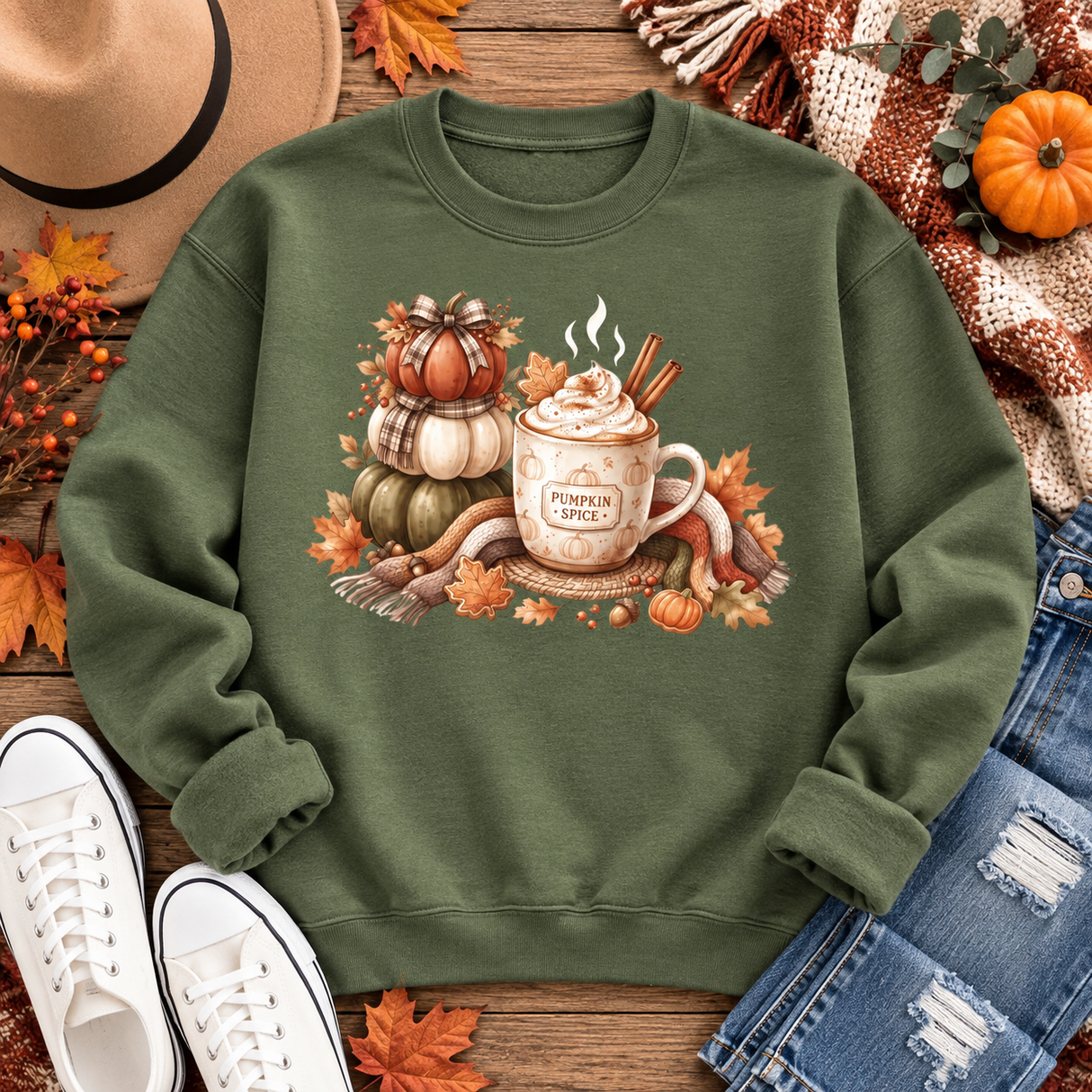 Military green crewneck sweatshirt with stacked pumpkins, a pumpkin spice mug, cinnamon sticks, fall leaves, berries and cozy plaid accents.
