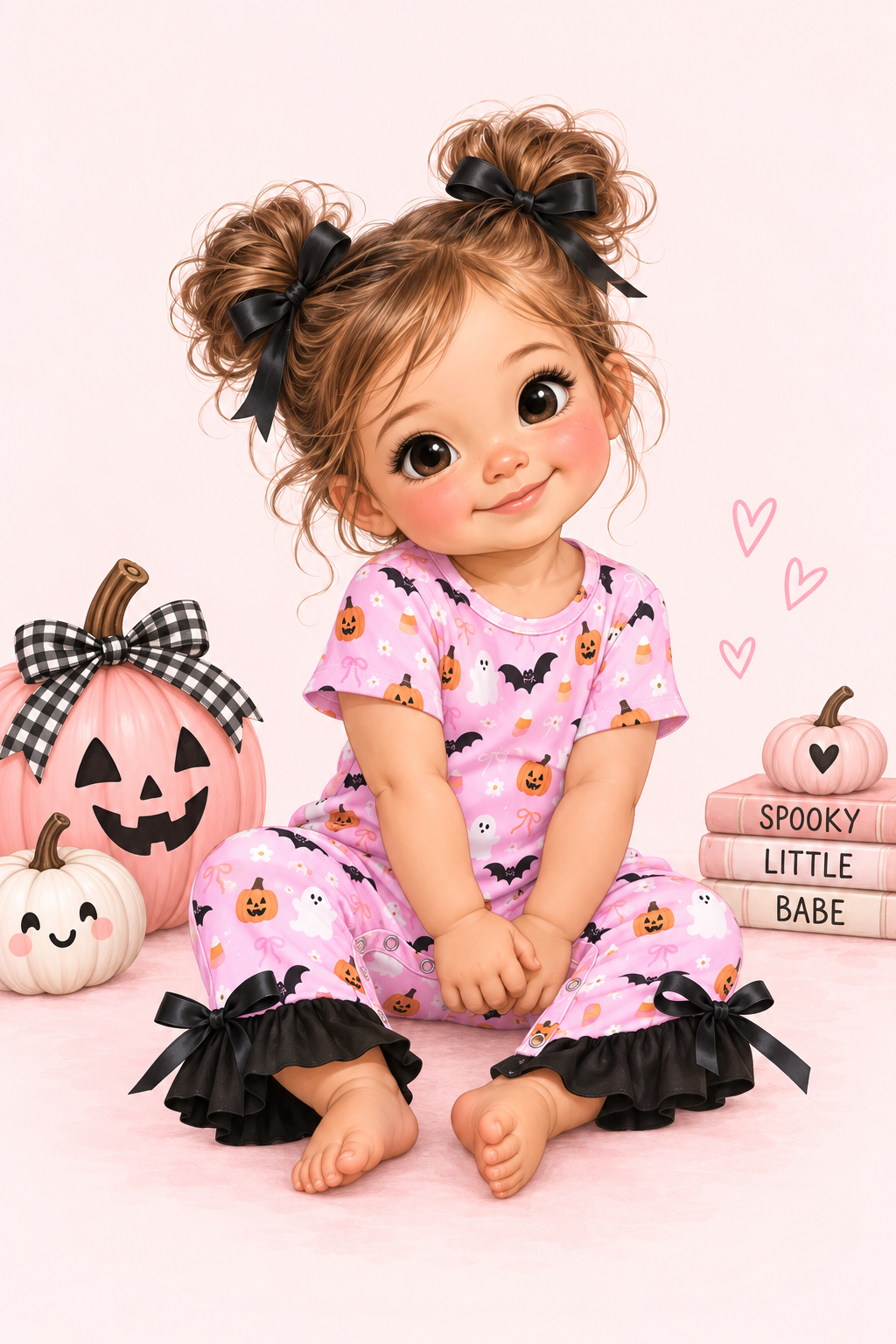 A storybook character baby with brown hair in two buns and black bows, wearing a pink Halloween pajama set with black ruffle trim, sitting on a pink background with pumpkins and books.