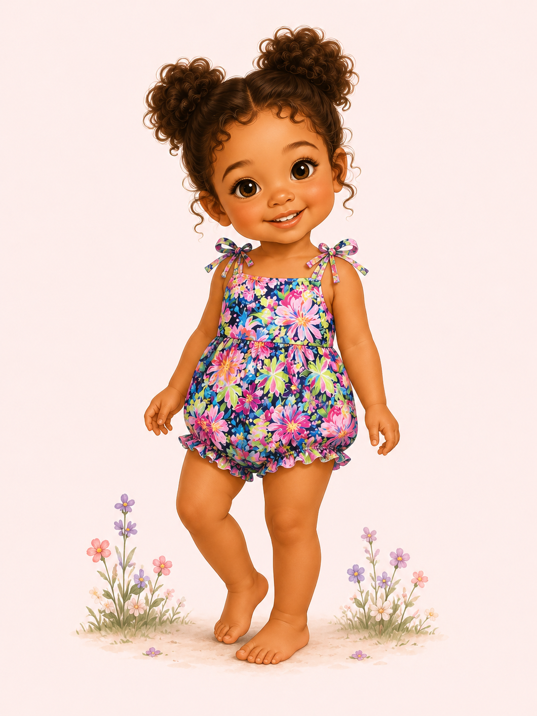 Illustrated toddler modeling a bright floral baby bubble romper with tie shoulders, gathered waist, ruffle leg trim and bare feet.
