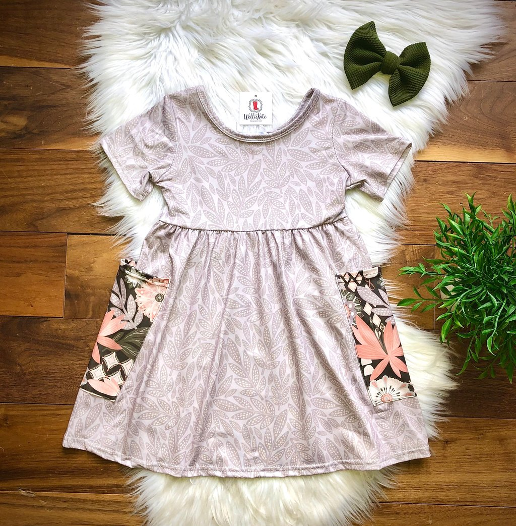 Gray & Coral Leafy Pockets Dress | Wellie Kate