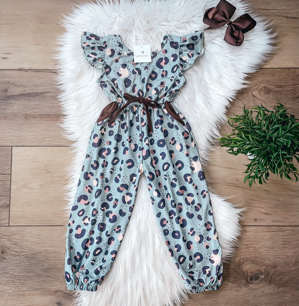 Teal Leopard V-Back Jumpsuit by Wellie Kate