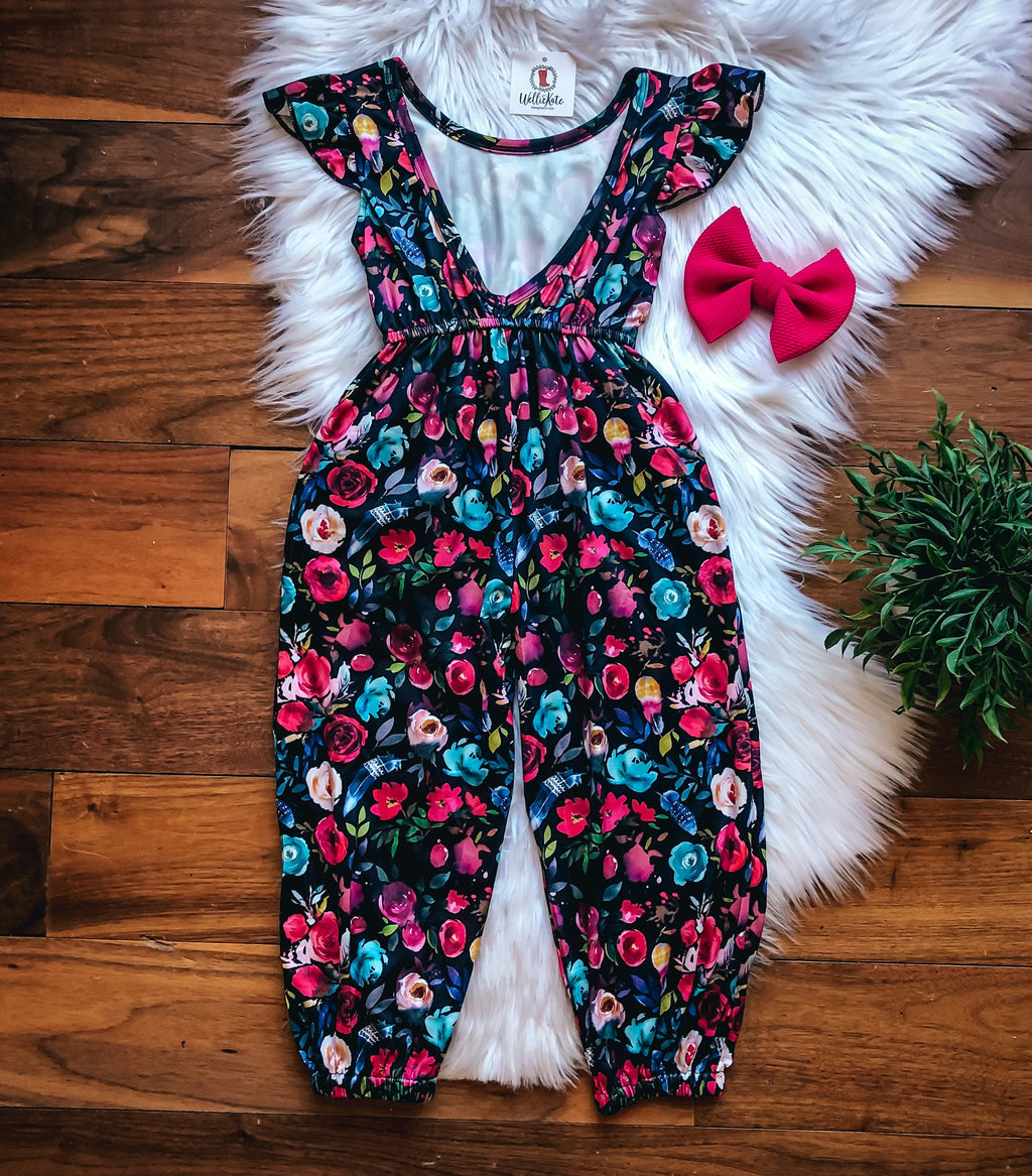 Burgundy Floral V-Back Jumpsuit by Wellie Kate