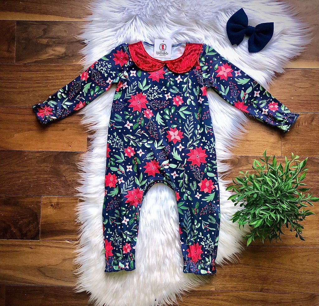 Posh Poinsettia Velvet Collar Baby Romper by Wellie Kate