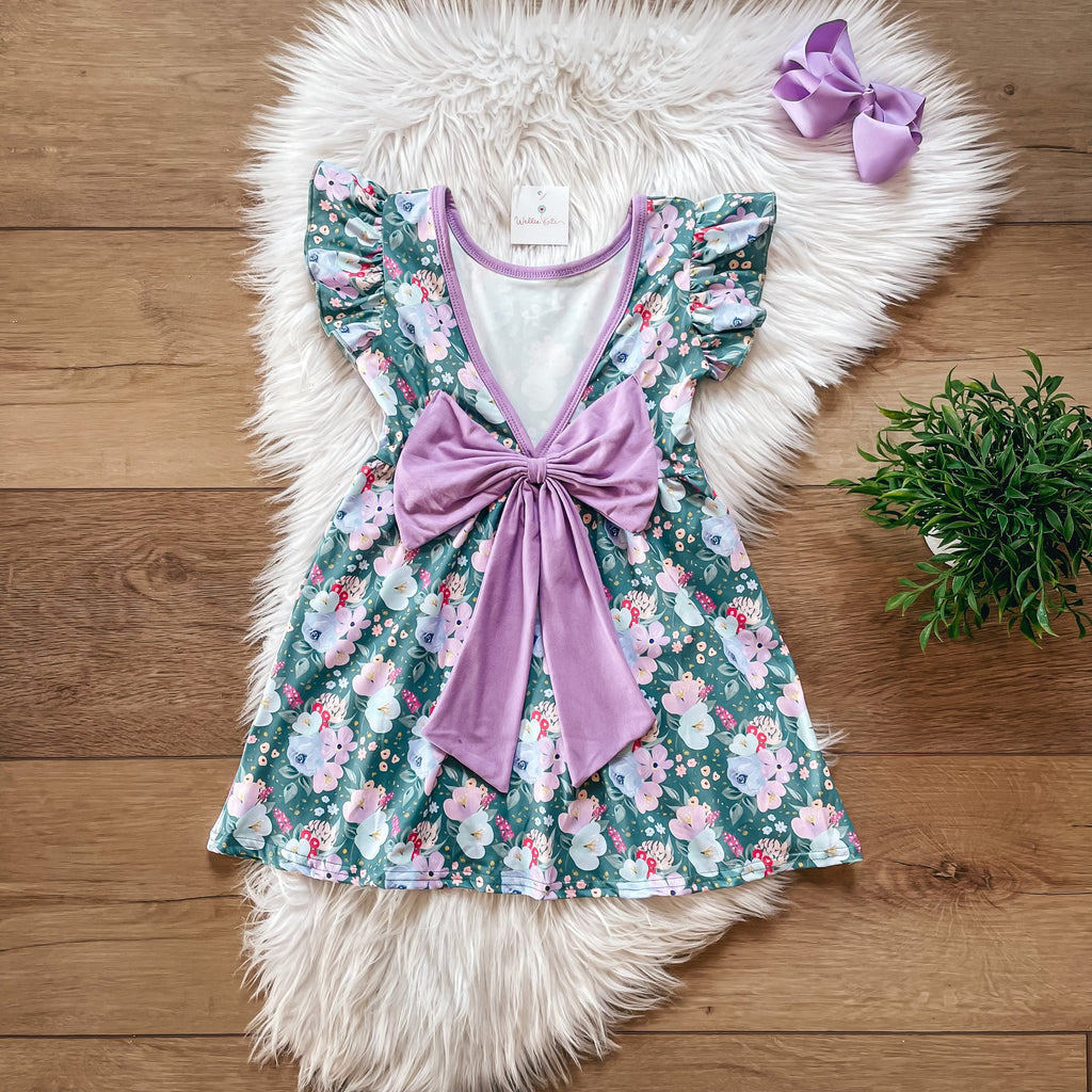 Green Floral Bow In the Back Dress | Wellie Kate