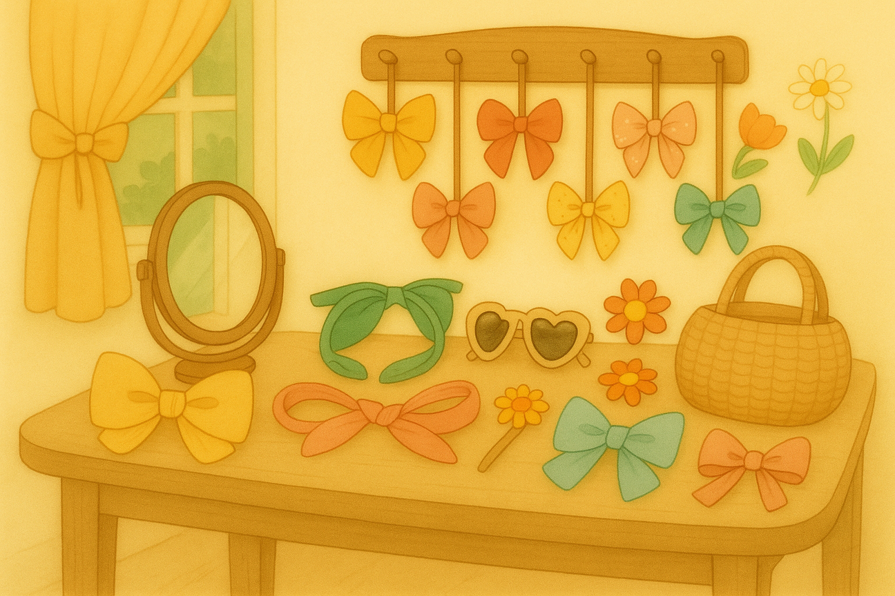 Storybook-style illustration of a vintage vanity and mirror surrounded by children’s accessories — bows, sunglasses, necklaces, and tiny treasures, all in soft pastel hues. A sunlit room and floral touches complete the whimsical, charming scene.