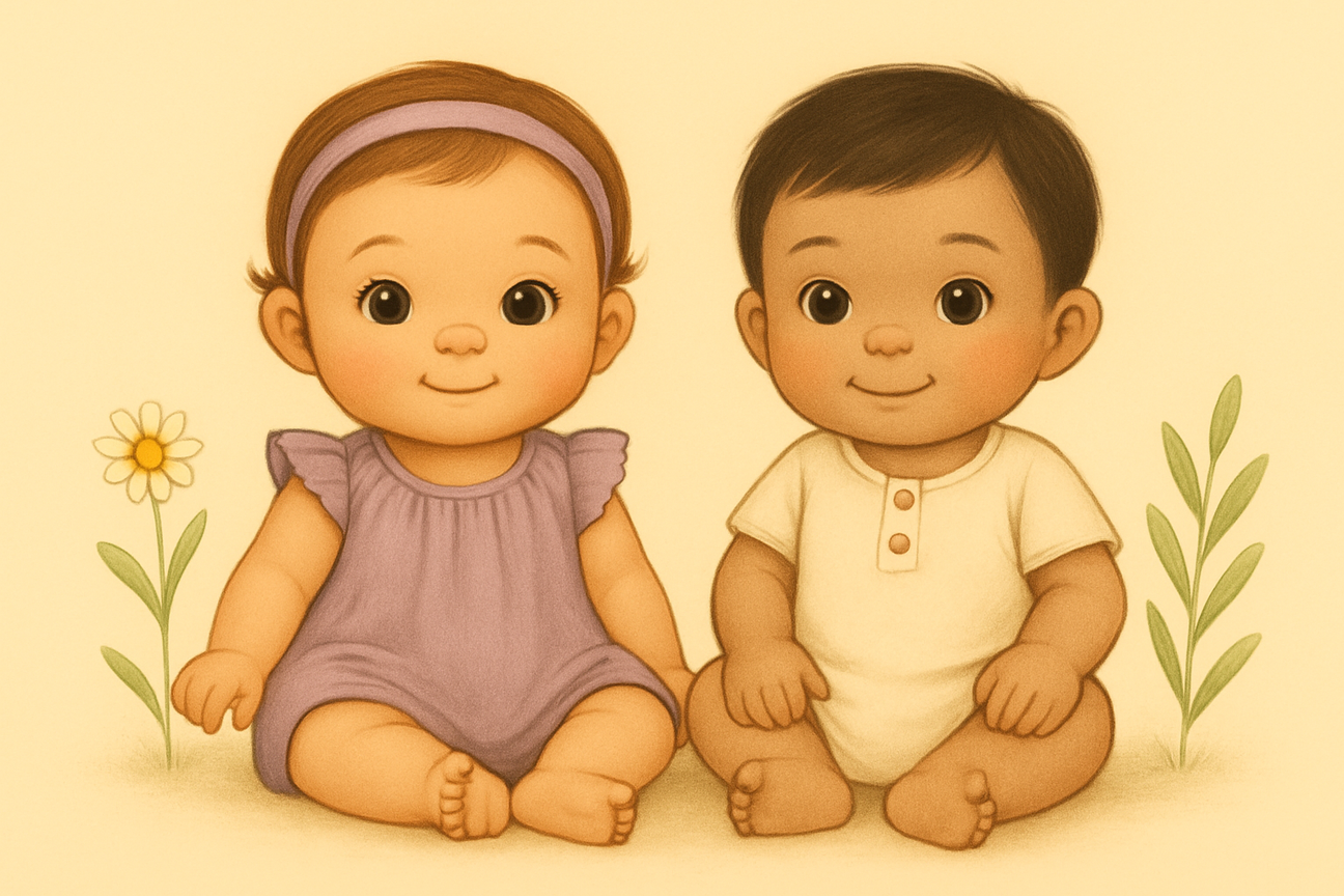 A storybook-style illustration of two diverse babies in soft pastel outfits, sitting on a picnic blanket in a grassy field surrounded by toys and flowers, with a warm vintage tone and dreamy atmosphere.