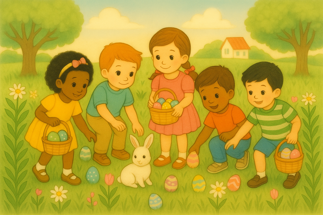 Storybook-style illustration of four children on an Easter egg hunt in a grassy field with spring flowers, pastel eggs, and a soft blue sky. The kids wear colorful outfits and carry baskets, capturing a joyful, whimsical holiday scene.
