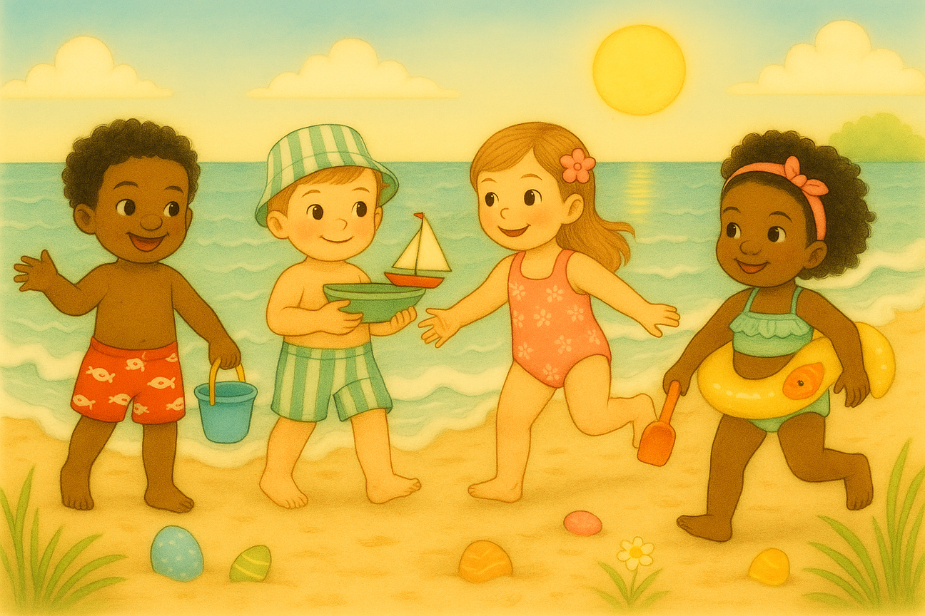 A storybook-style illustration of diverse children playing at the beach in colorful swimwear, with waves, sandcastles, and sunshine in the background, capturing the joy of summer and swim season.