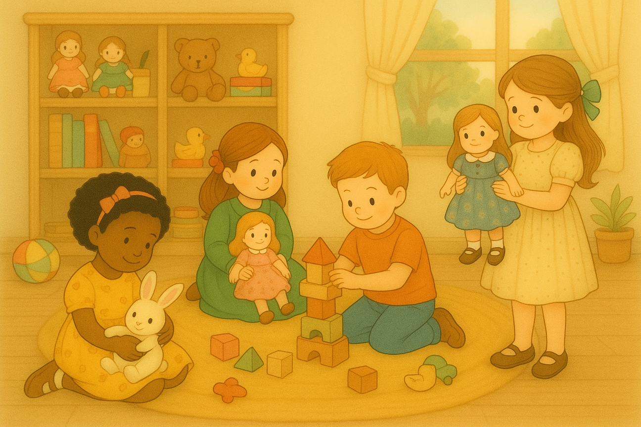 Storybook-style illustration of four children playing in a cozy toy room. Surrounded by dolls, blocks, and plush toys, they build, cuddle, and smile in the soft sunlight. Shelves and a window with curtains add warmth to the charming indoor scene.